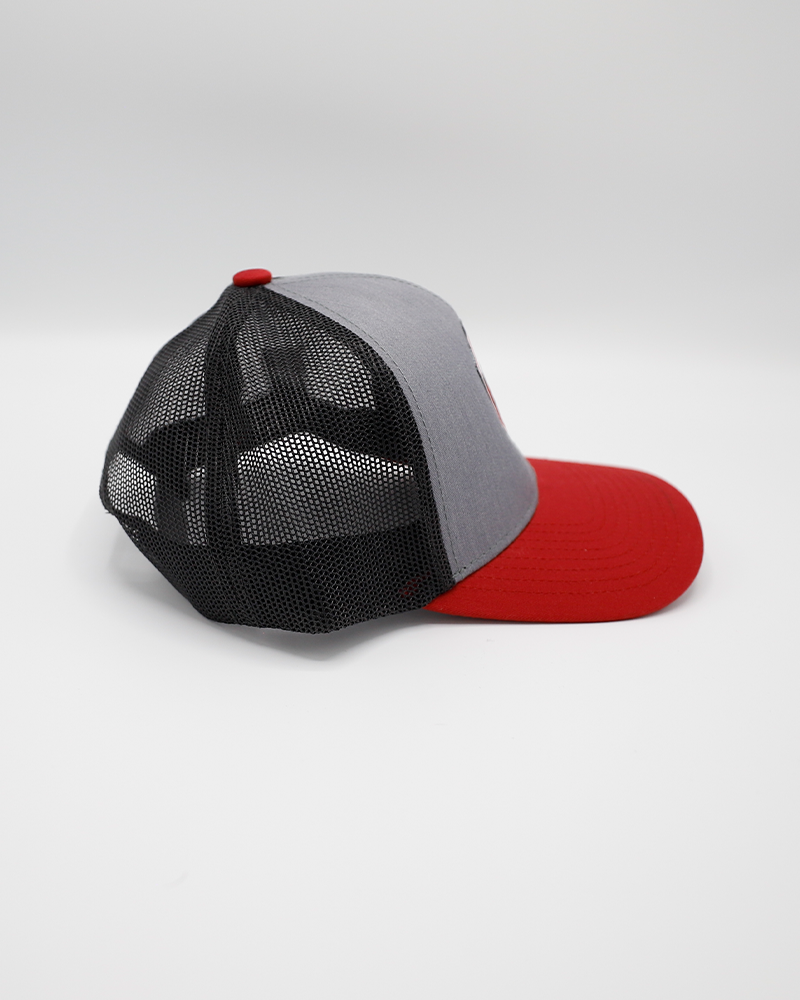 black grey and red trucker hat with Rockford IceHogs Screw City hexagon logo patch on front - right side lay flat