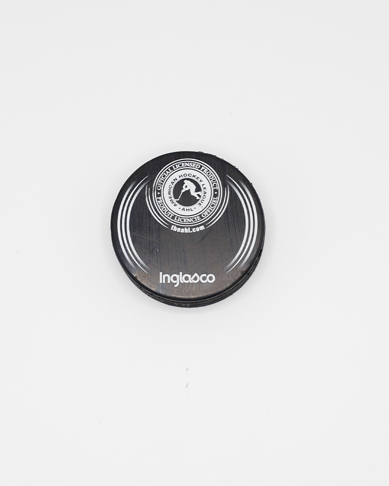 black hockey puck with Rockford IceHogs R Screw City logo on front - back lay flat