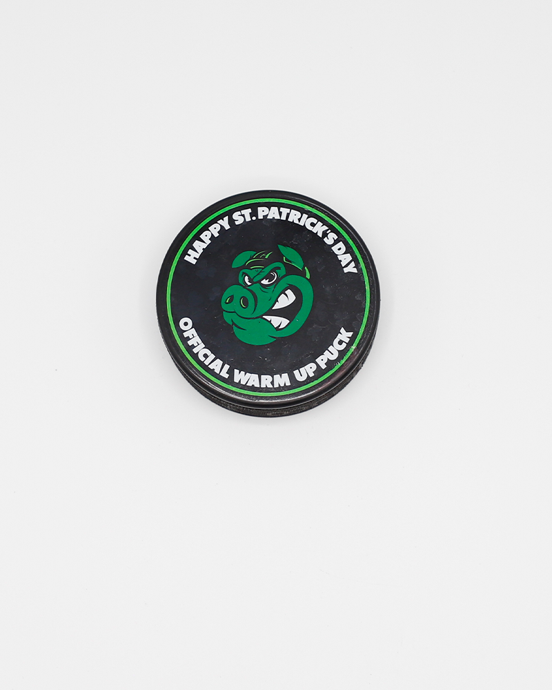 black hockey puck with green accents and green version of Rockford IceHogs mascot Hammy on front - front lay flat