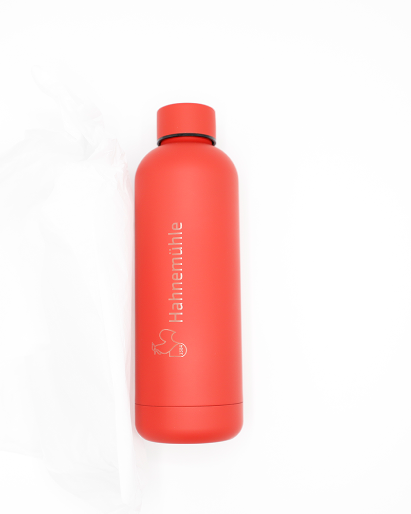 red metal water bottle with screw top with silver Rockford IceHogs primary logo on front - back lay flat