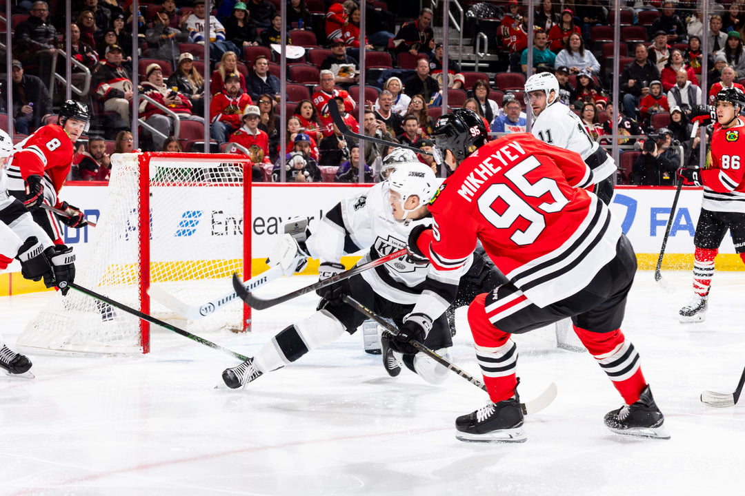 Chicago Blackhawks player Ilya Mikheyev scoring goal on home ice against LA Kings