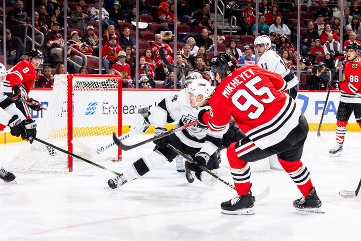 Chicago Blackhawks player Ilya Mikheyev scoring goal on home ice against LA Kings
