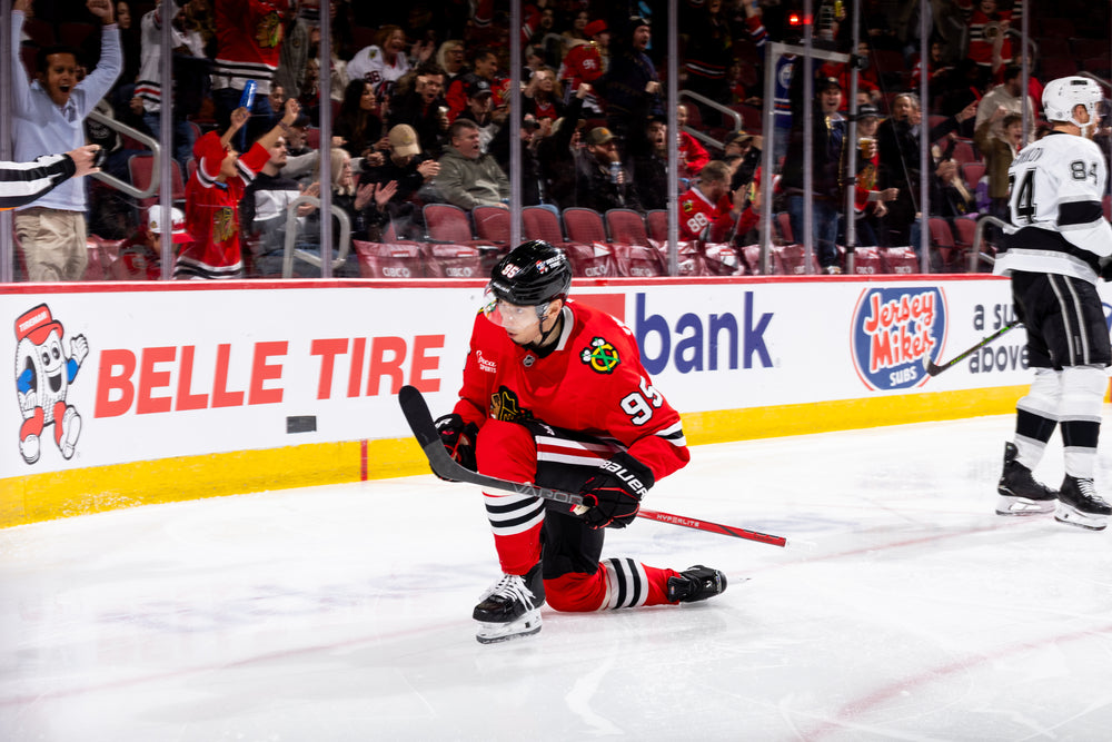 Chicago Blackhawks player Ilya Mikheyev celebrating goal 