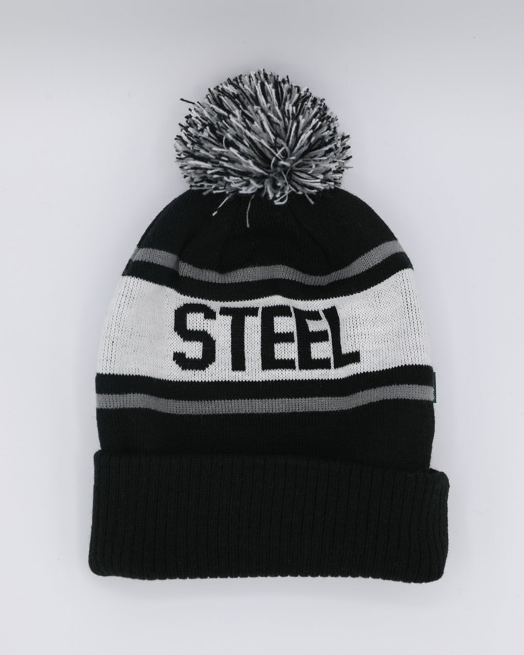 black white and grey Legacy beanie with two tone pom on top and Chicago Steel logo embroidered on front cuff - back lay flat