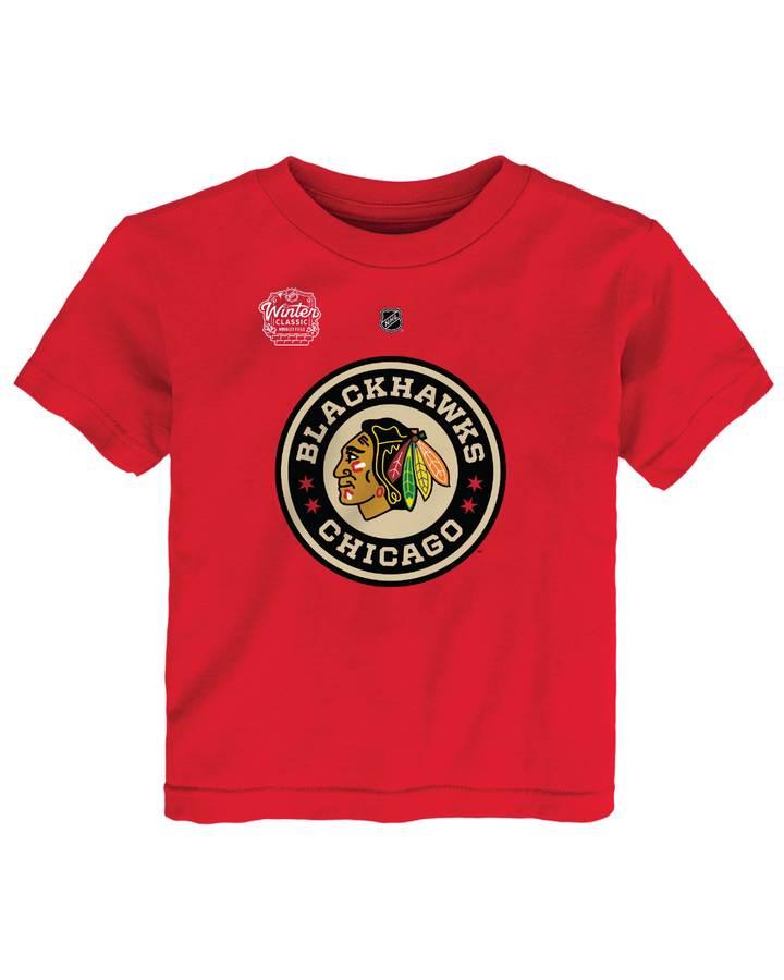 red toddler Outerstuff Winter Classic Chicago Blackhawks Connor Bedard name and number tee - front lay flat