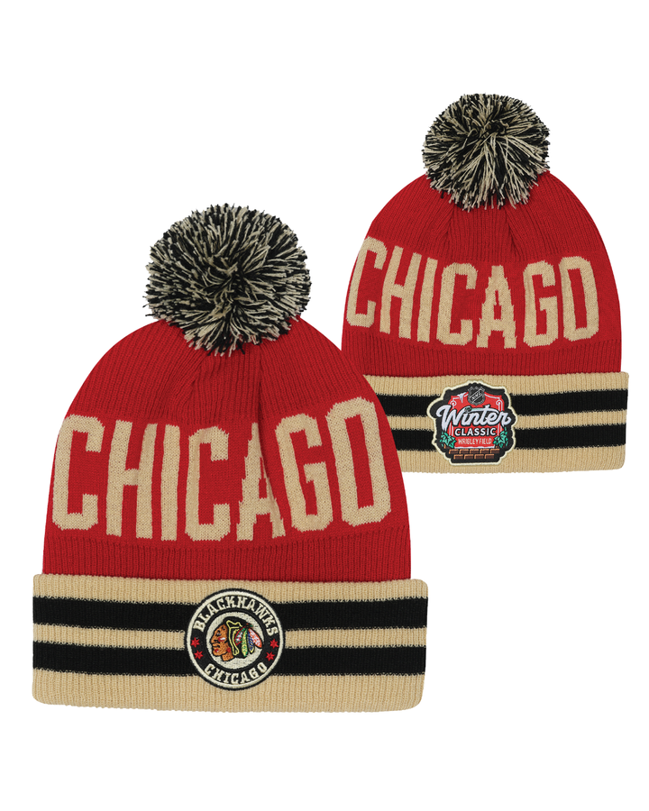 red youth knit hat with multicolor pom and Chicago wordmark on front and Chicago Blackhawks Winter Classic logo on front cuff - front and back lay flat