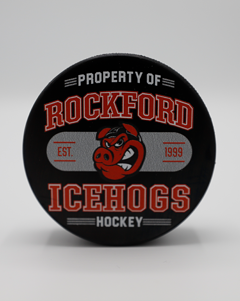 black Rockford IceHogs hockey puck with collegiate-inspired design with Hammy and wordmark - front lay flat
