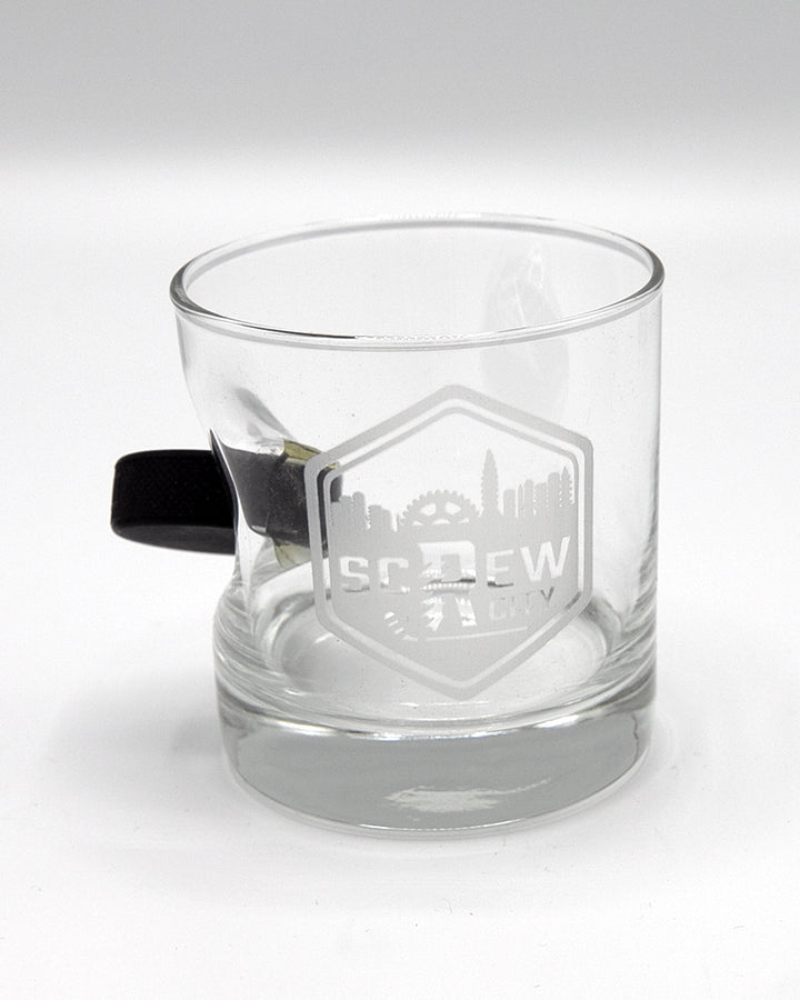 Rockford IceHogs rocks glass with screw city graphic and puck through glass - front lay flat