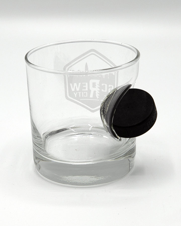 Rockford IceHogs rocks glass with screw city graphic and puck through glass - back lay flat