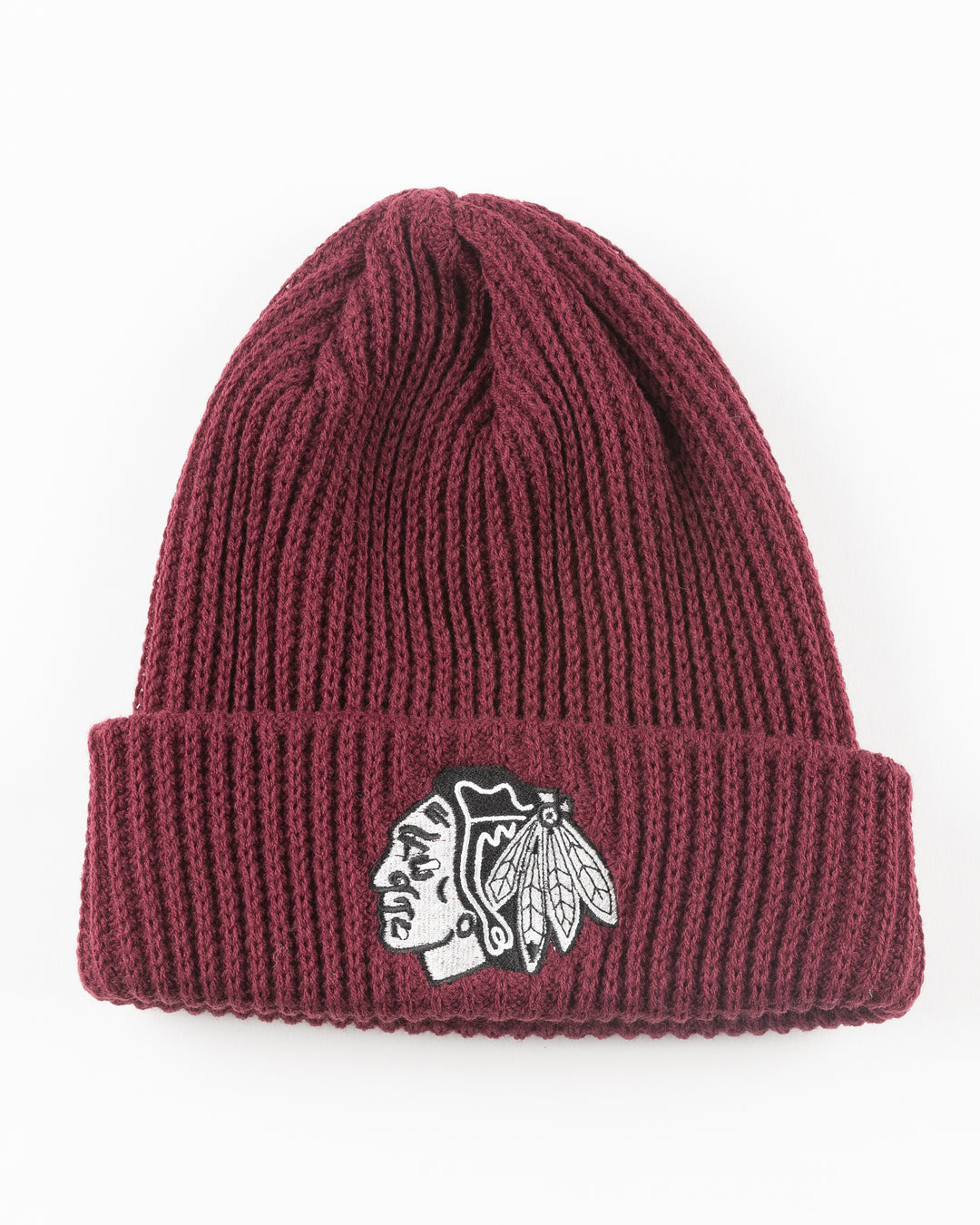 burgundy CCM knit hat with Chicago Blackhawks tonal primary logo embroidered on front - front lay flat