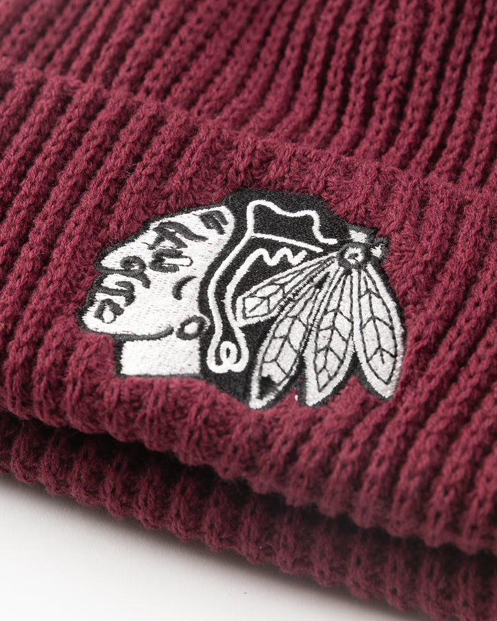 burgundy CCM knit hat with Chicago Blackhawks tonal primary logo embroidered on front - detail lay flat