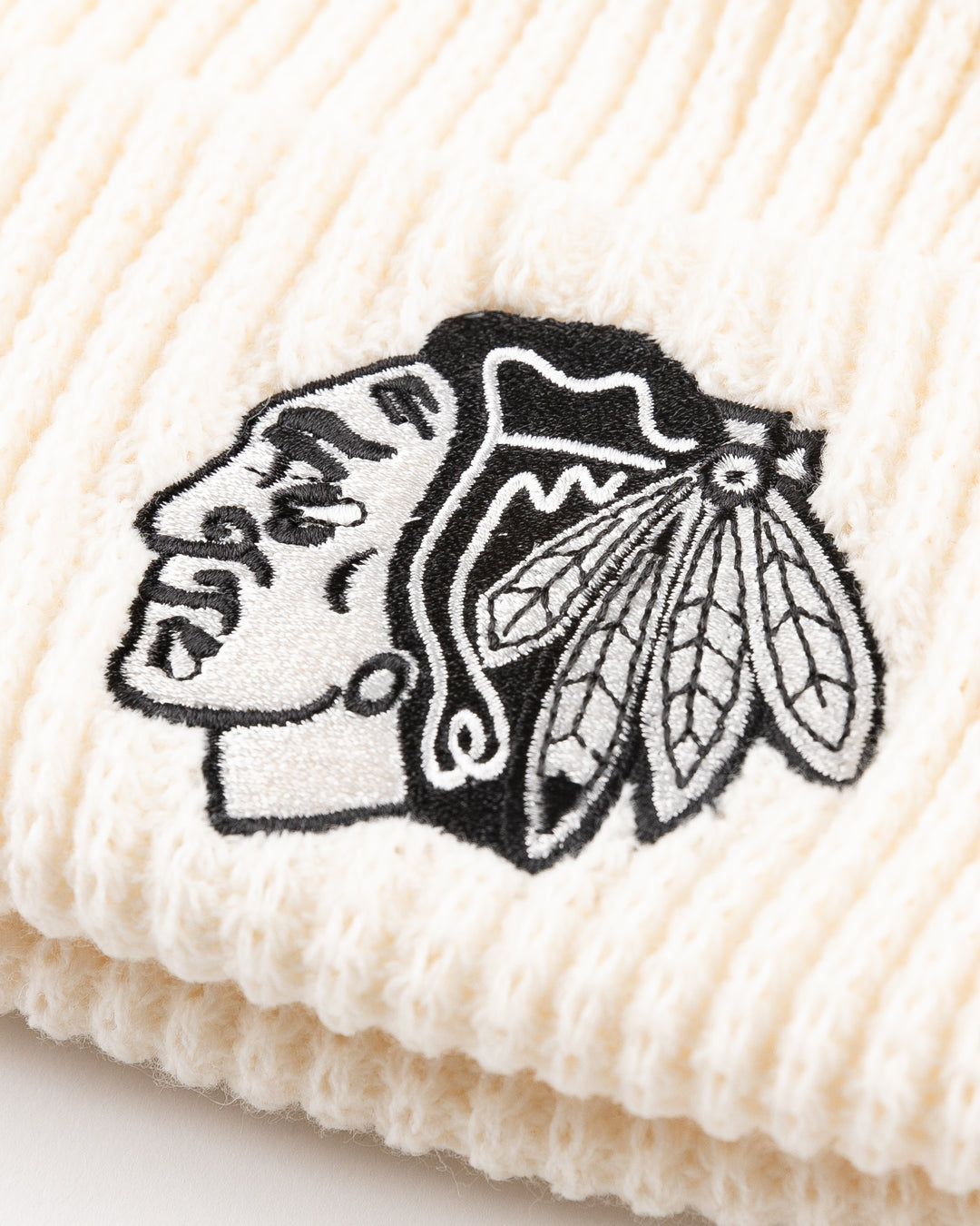 white CCM knit hat with Chicago Blackhawks tonal primary logo embroidered on front - detail lay flat