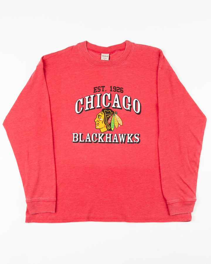 red ladies chicka-d long sleeve tee with Chicago Blackhawks graphic across front - front lay flat