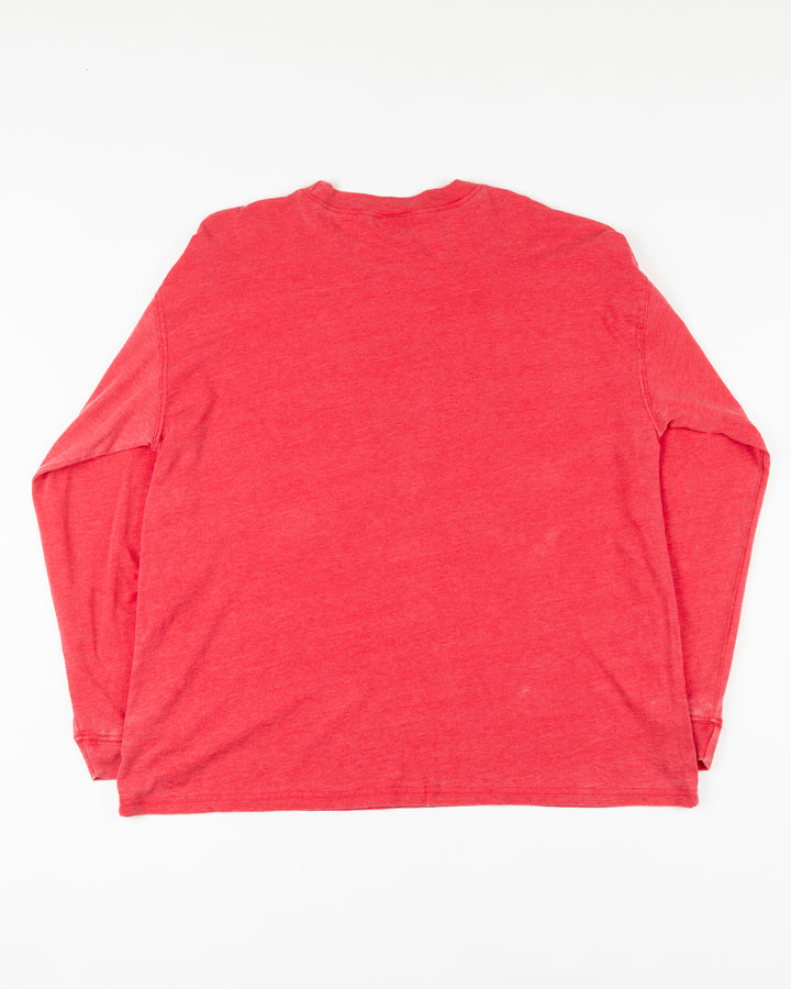 red ladies chicka-d long sleeve tee with Chicago Blackhawks graphic across front - back lay flat