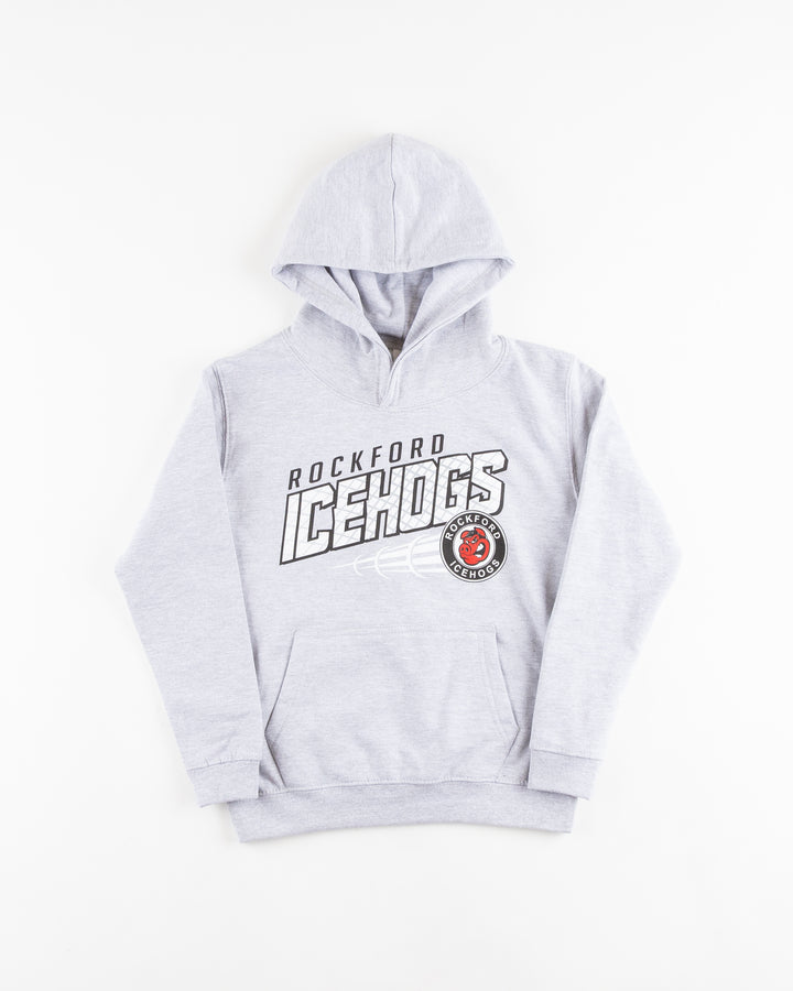 grey youth hoodie with Rockford IceHogs graphic across chest - front lay flat