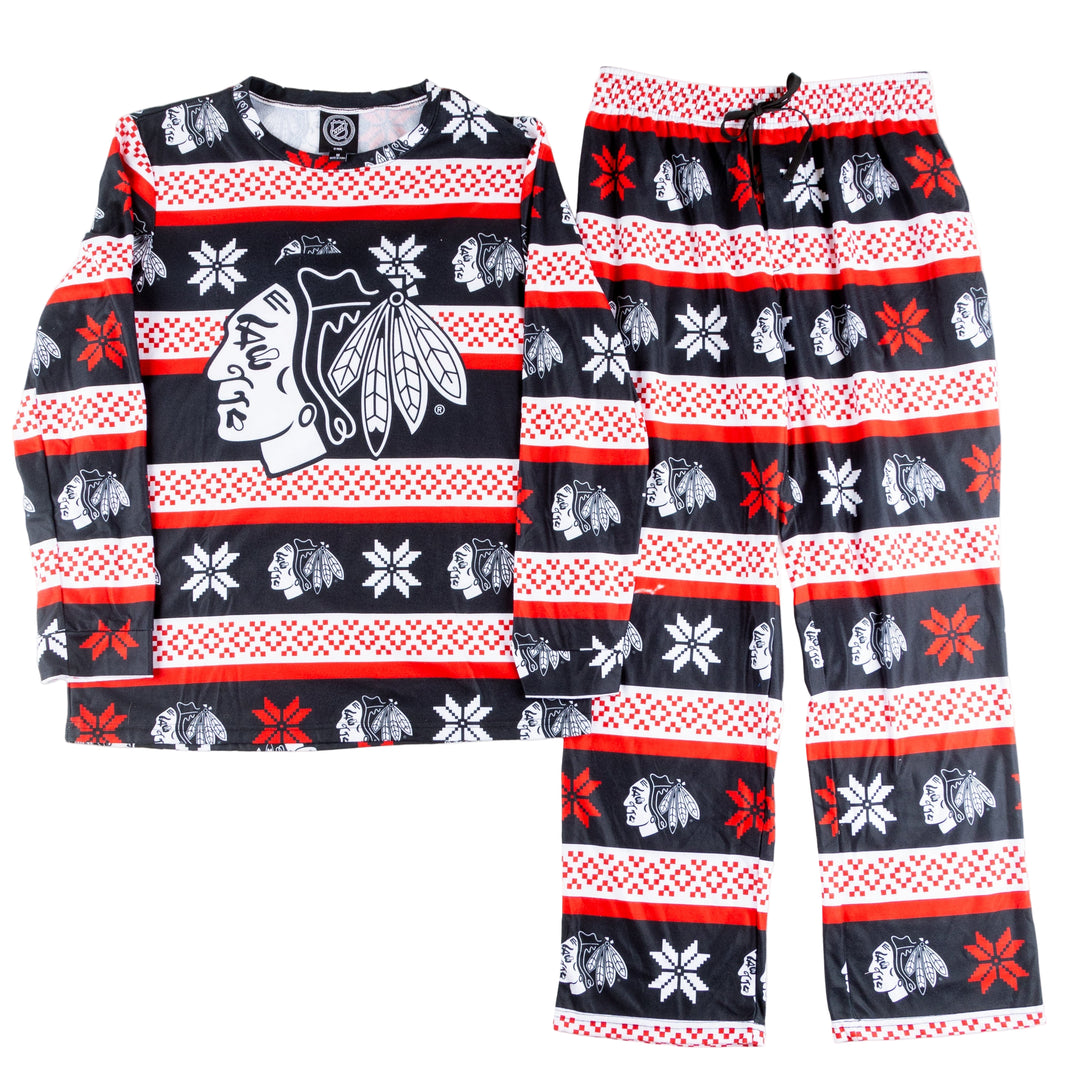 ugly sweater pajamas with Chicago Blackhawk primary logo - front lay flat