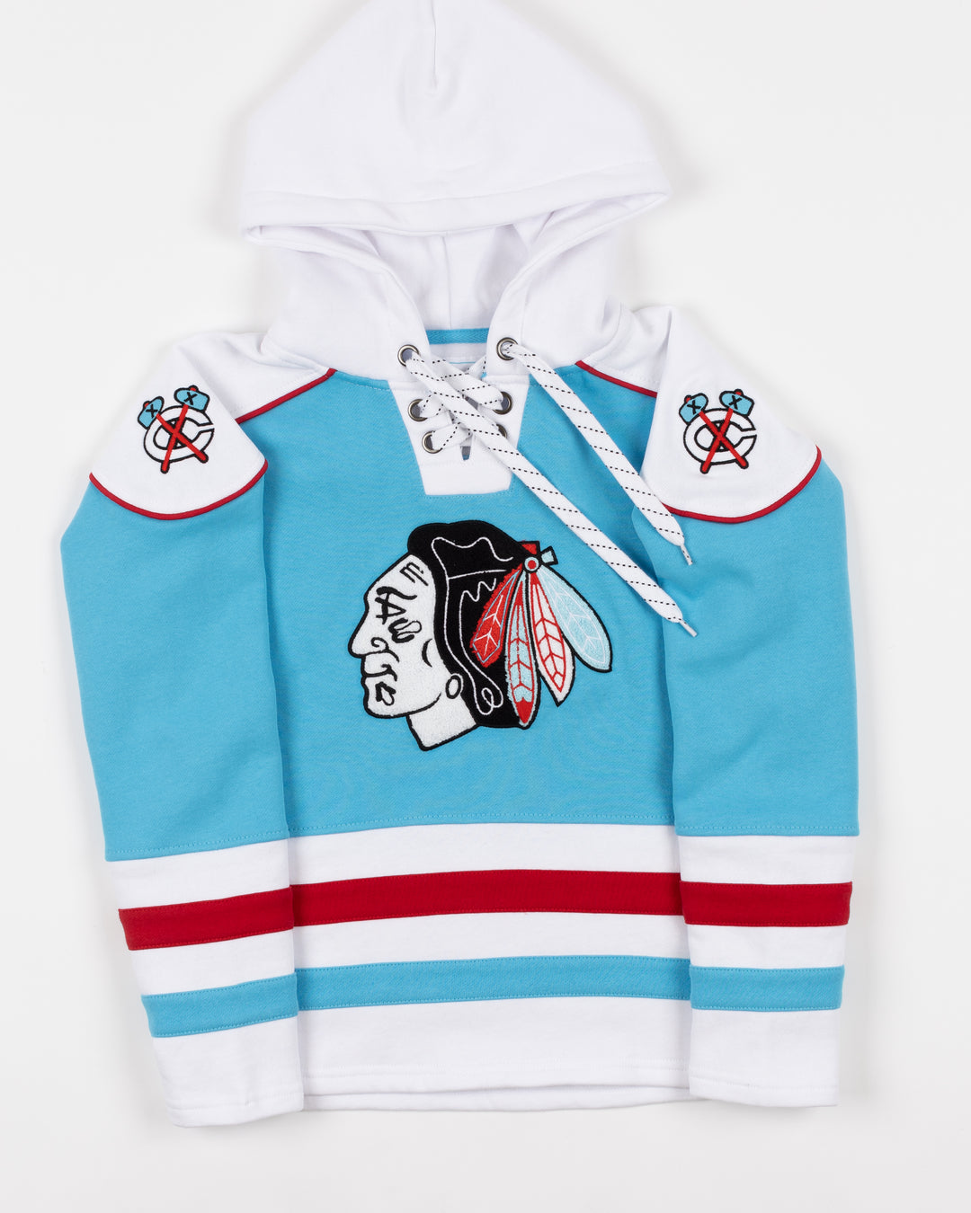 youth blue and white hockey jersey-inspired hoodie with Chicago Blackhawks primary logo on front and secondary logo on shoulders - front lay flat