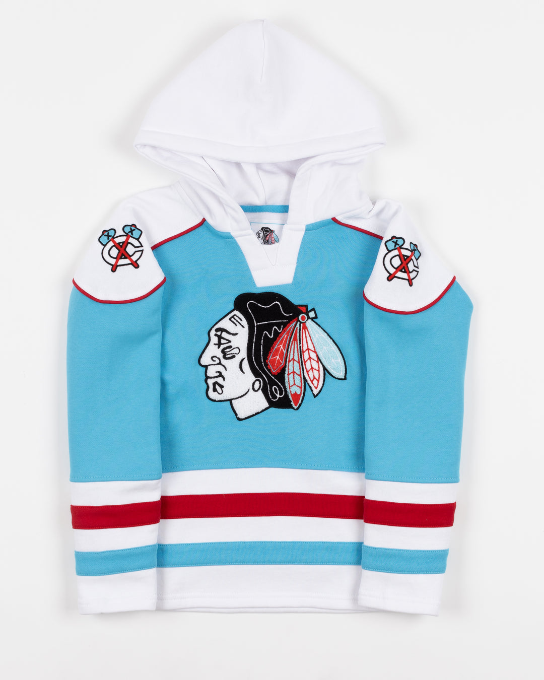 youth blue and white hockey jersey-inspired hoodie with Chicago Blackhawks primary logo on front and secondary logo on shoulders and no lace - front lay flat