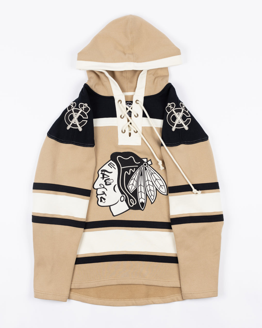 '47 brand hockey jersey-inspired hoodie with Chicago Blackhawks tonal primary logo on front and secondary logo on shoulders - front lay flat