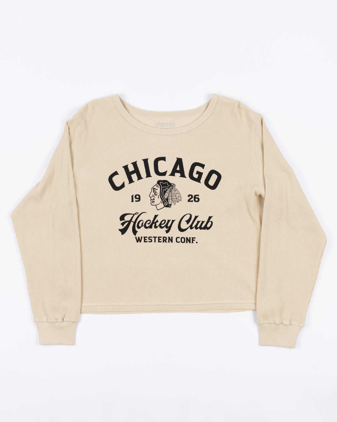 beige waffle knit long sleeve women's Sportiqe tee with Chicago Blackhawks wordmark and primary logo across front - front lay flat