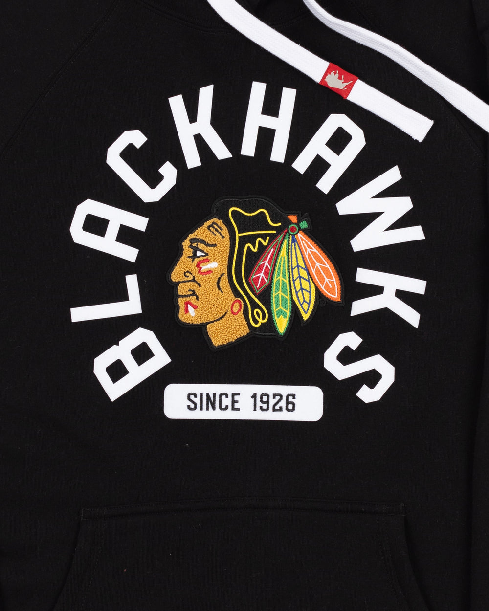 black Sportiqe hoodie with Chicago Blackhawks primary logo and wordmark embroidered on front - front detail lay flat