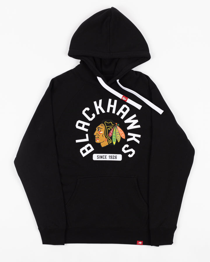 black Sportiqe hoodie with Chicago Blackhawks primary logo and wordmark embroidered on front - front lay flat