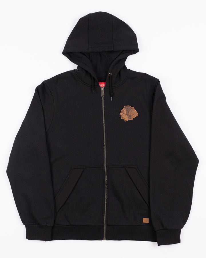 black Sportiqe hoodie with brown tonal Chicago Blackhawks primary logo on left chest - front lay flat