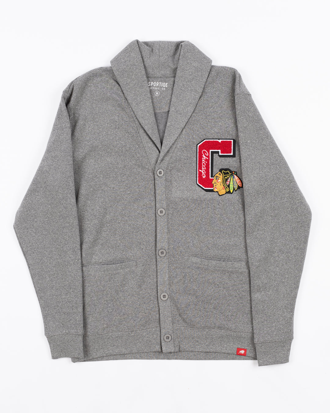 grey Sportiqe cardigan with Chicago Blackhawks C and primary logo embroidered on left chest - front lay flat