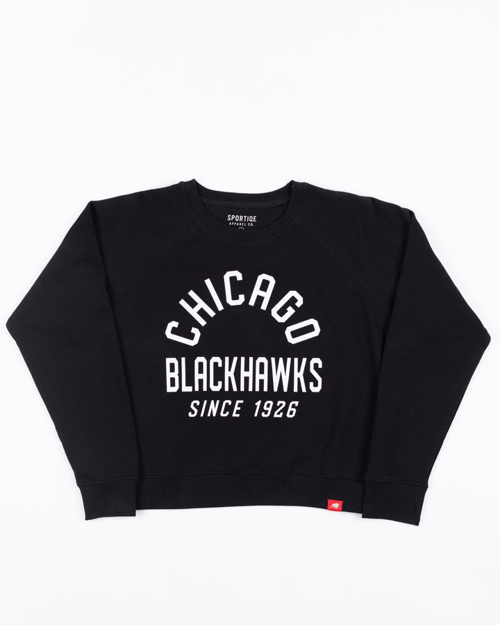 black Sportiqe crewneck with Chicago Blackhawks Since 1926 wordmark across the front - front lay flat