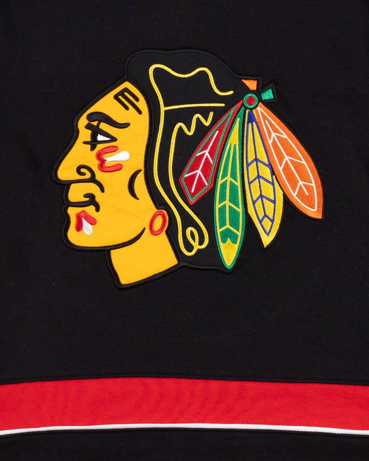 youth Champion jersey hoodie with Chicago Blackhawks primary logo on front and wordmark on back - front detail lay flat