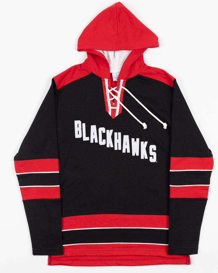 black and red Champion hoodie with Chicago Blackhawks diagonal wordmark across front - front lay flat