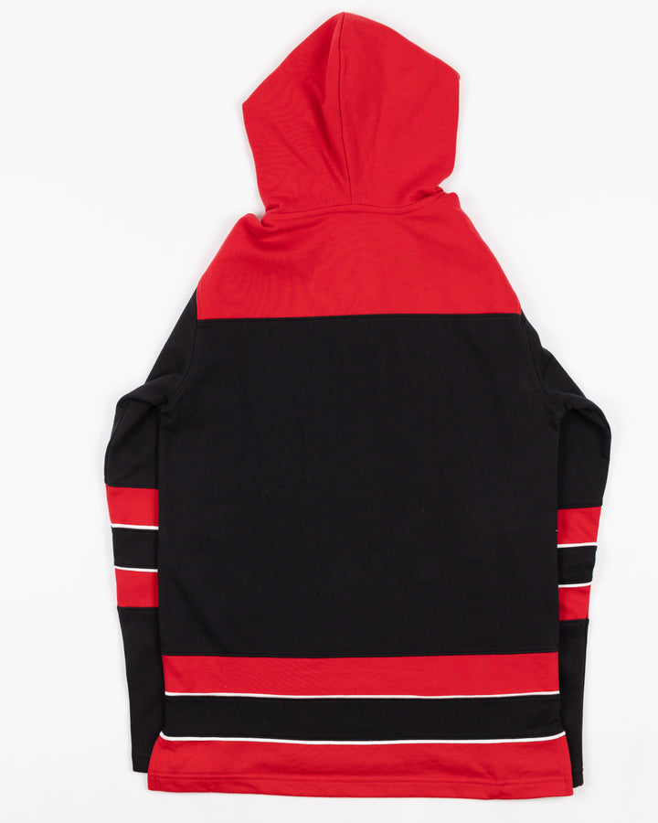 black and red Champion hoodie with Chicago Blackhawks diagonal wordmark across front - back lay flat