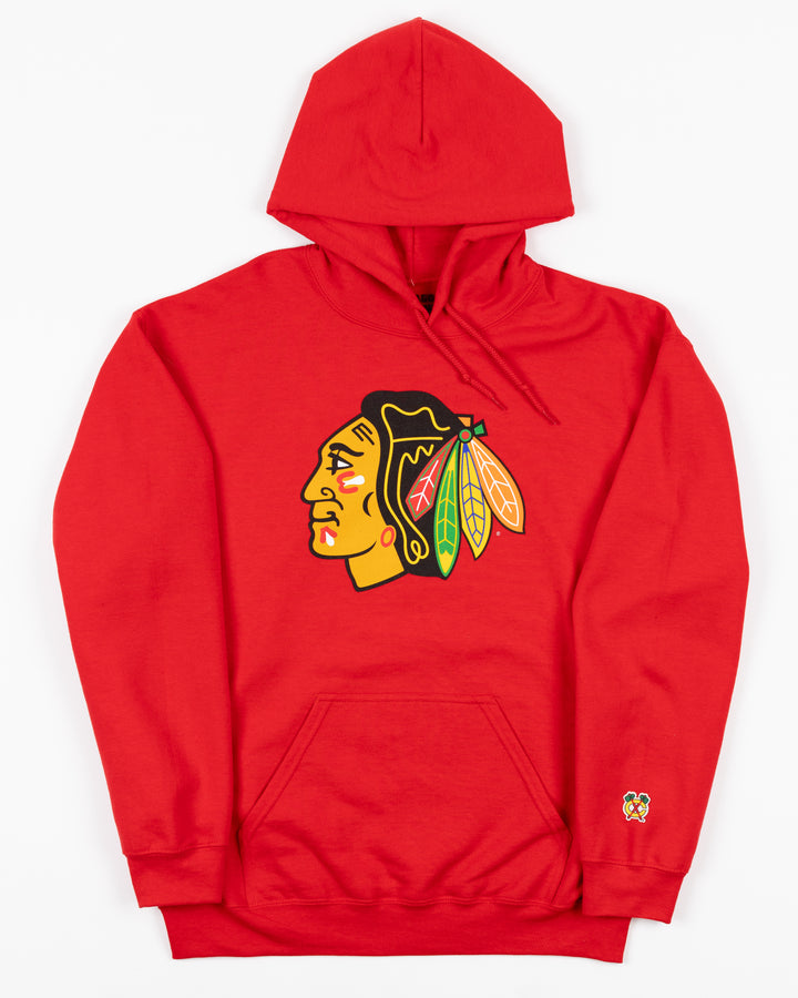 red hoodie with Chicago Blackhawks primary logo on front and secondary logo on left cuff - front lay flat