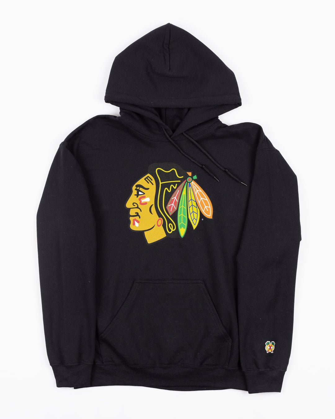 black hoodie with Chicago Blackhawks primary logo printed on front and secondary logo on left cuff - front lay flat