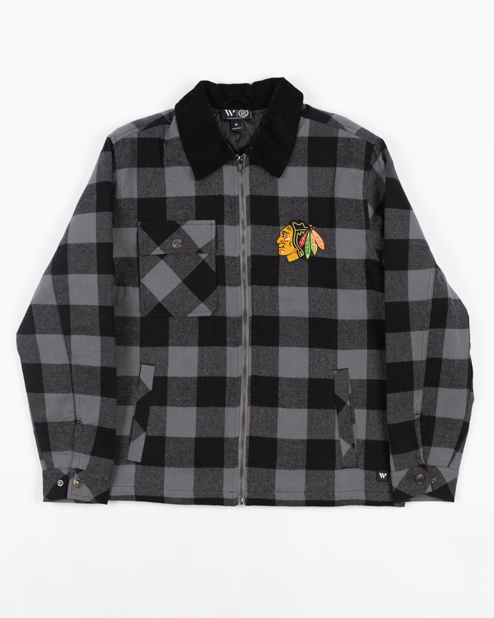 grey and black Wild Collective shirt jacket with Chicago Blackhawks primary logo on left chest and wordmark and primary logo on back - front lay flat