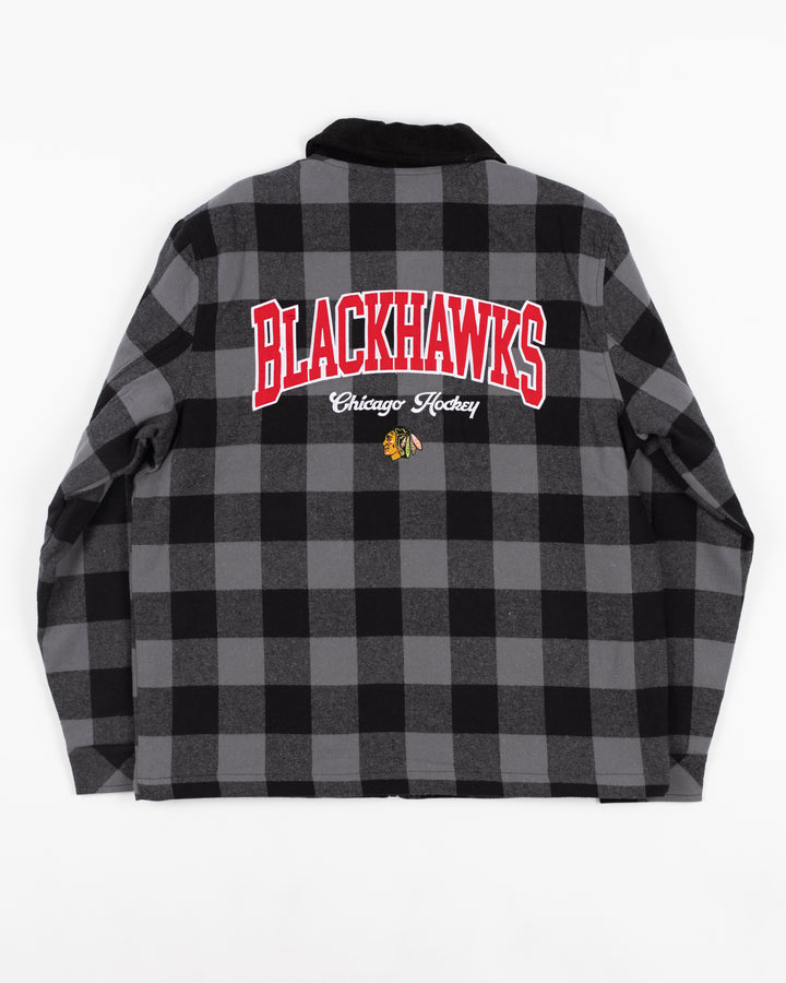 grey and black Wild Collective shirt jacket with Chicago Blackhawks primary logo on left chest and wordmark and primary logo on back - back lay flat