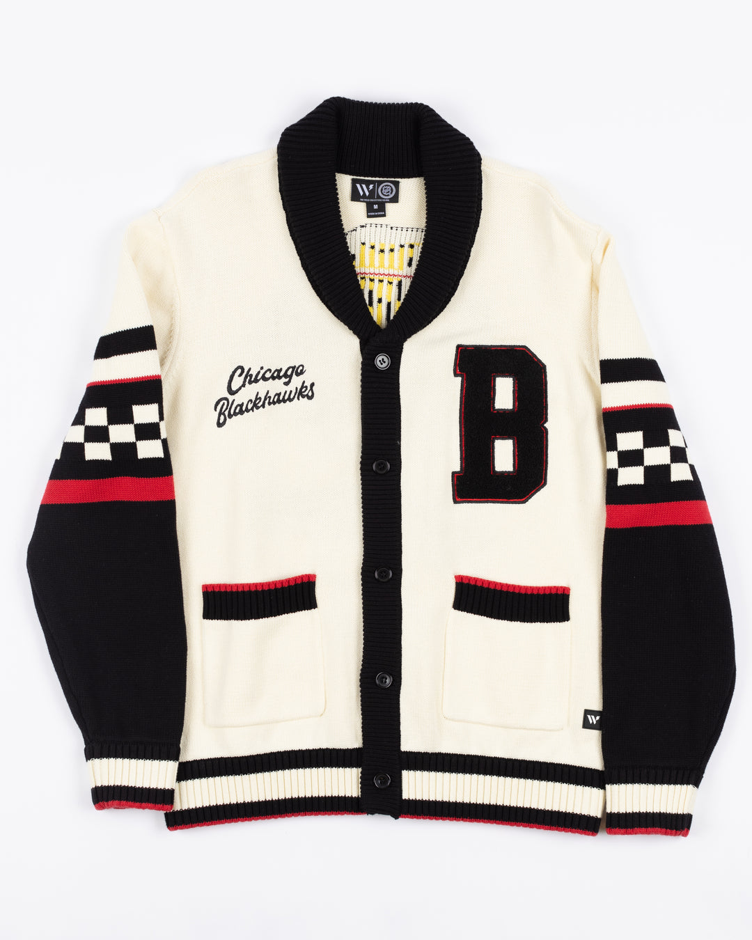 cream Wild Collective button up sweater with Chicago Blackhawks script on right chest, letter B on left chest and primary logo design on back - front lay flat