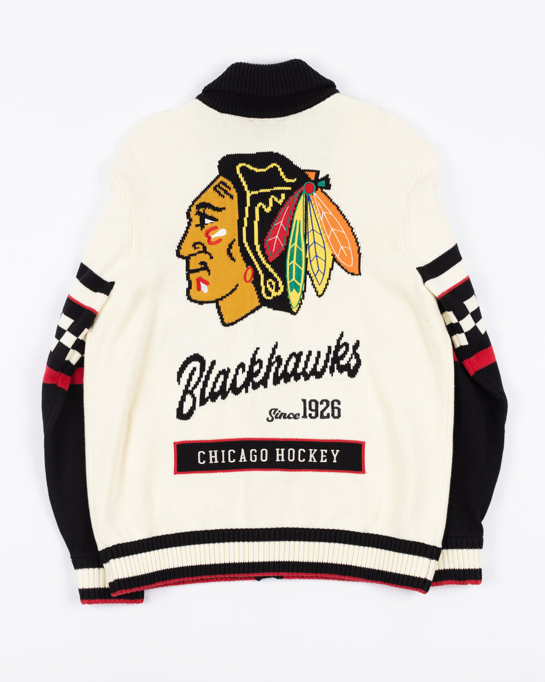 cream Wild Collective button up sweater with Chicago Blackhawks script on right chest, letter B on left chest and primary logo design on back - back lay flat