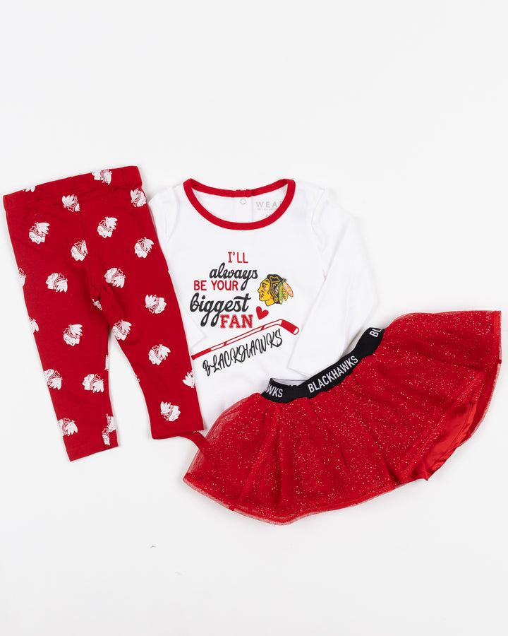 red and white WEAR baby three piece set with leggings, onesie and tutu with Chicago Blackhawks logos throughout - front lay flat