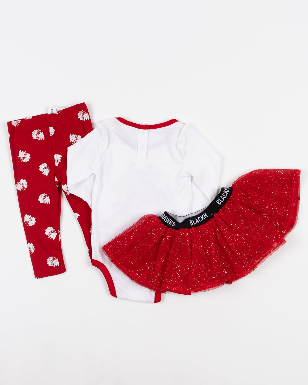 red and white WEAR baby three piece set with leggings, onesie and tutu with Chicago Blackhawks logos throughout - back lay flat