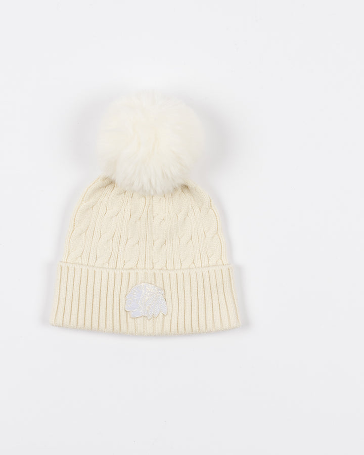 white Lusso knit beanie with white pom and tonal Chicago Blackhawks primary logo on front cuff - front lay flat