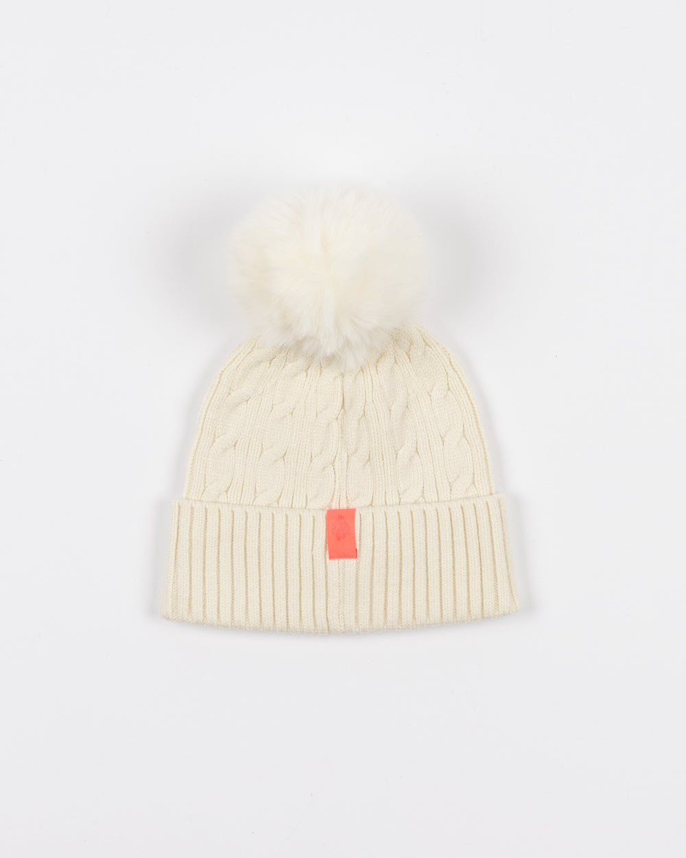 white Lusso knit beanie with white pom and tonal Chicago Blackhawks primary logo on front cuff - back lay flat