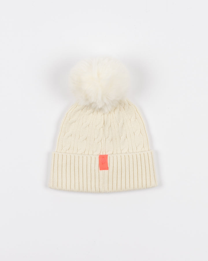 white Lusso knit beanie with white pom and tonal Chicago Blackhawks primary logo on front cuff - back lay flat