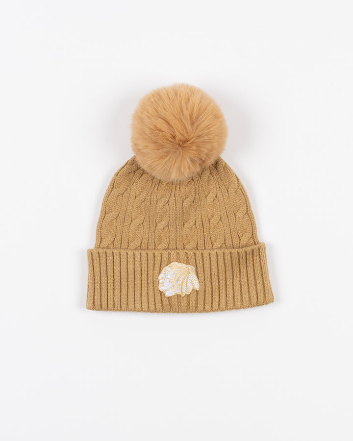 tan Lusso knit beanie with tan pom and tonal Chicago Blackhawks primary logo on front - front lay flat