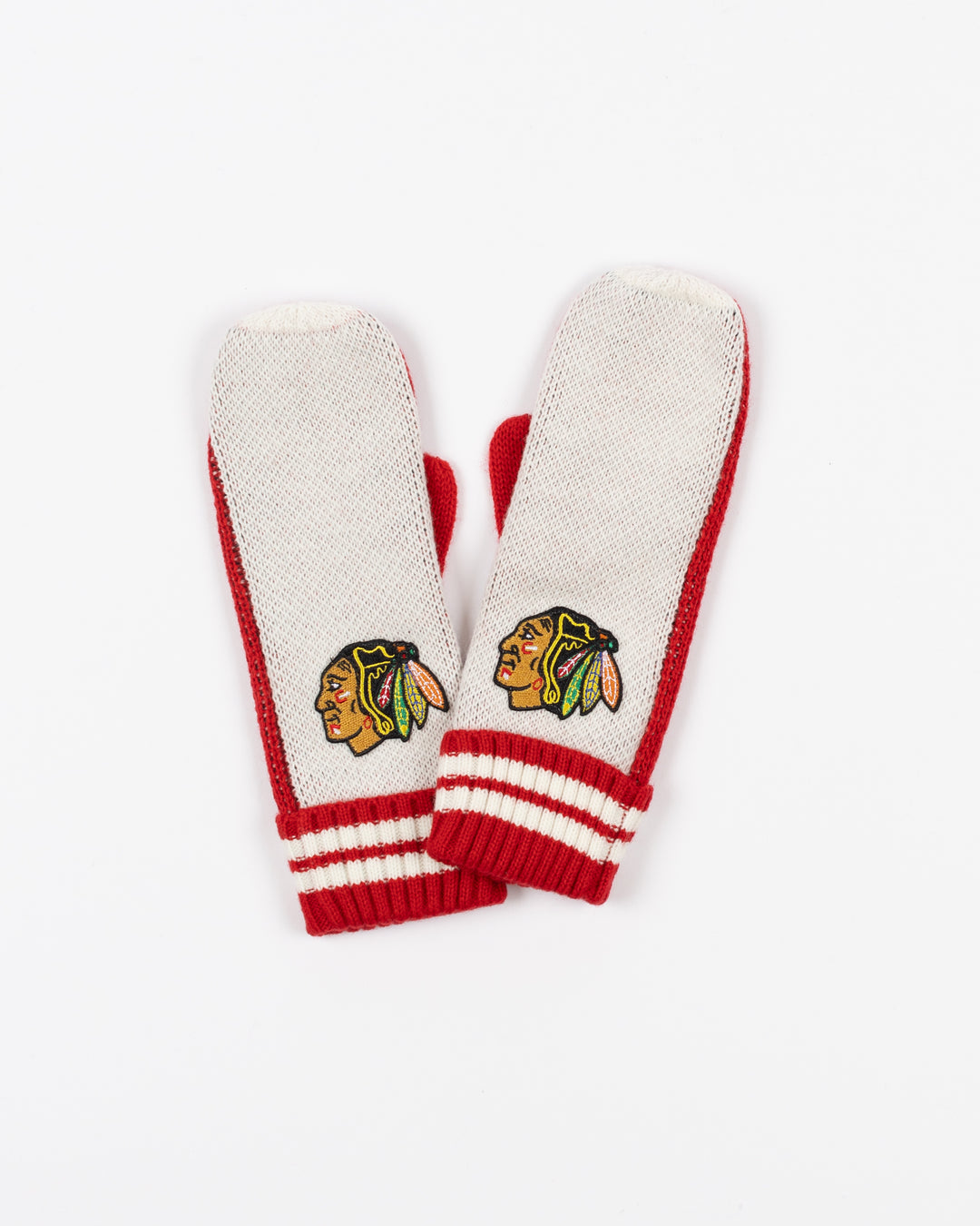 red and white Lusso mittens with heart and Chicago Blackhawks primary logo design - front lay flat