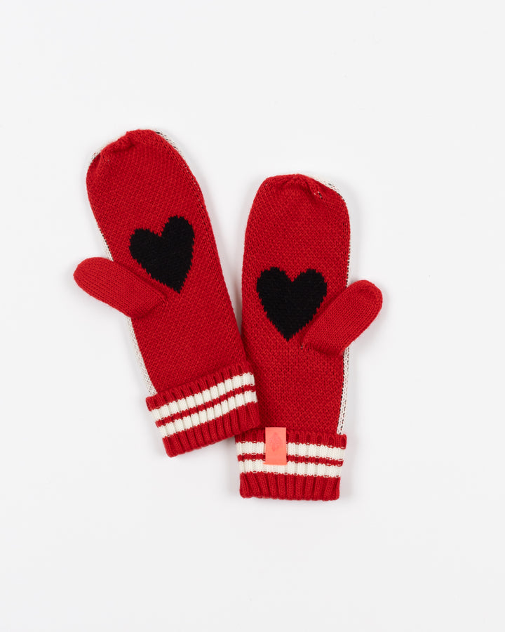 red and white Lusso mittens with heart and Chicago Blackhawks primary logo design - back lay flat