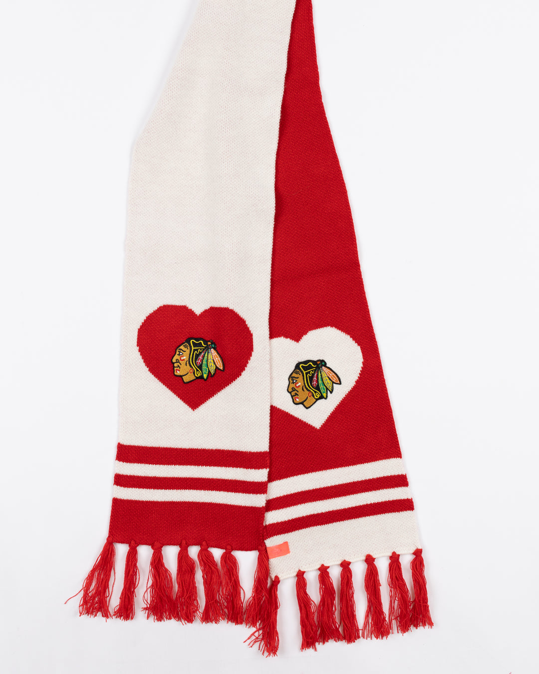 red and white scarf with Chicago Blackhawks primary logo design from Lusso - front lay flat