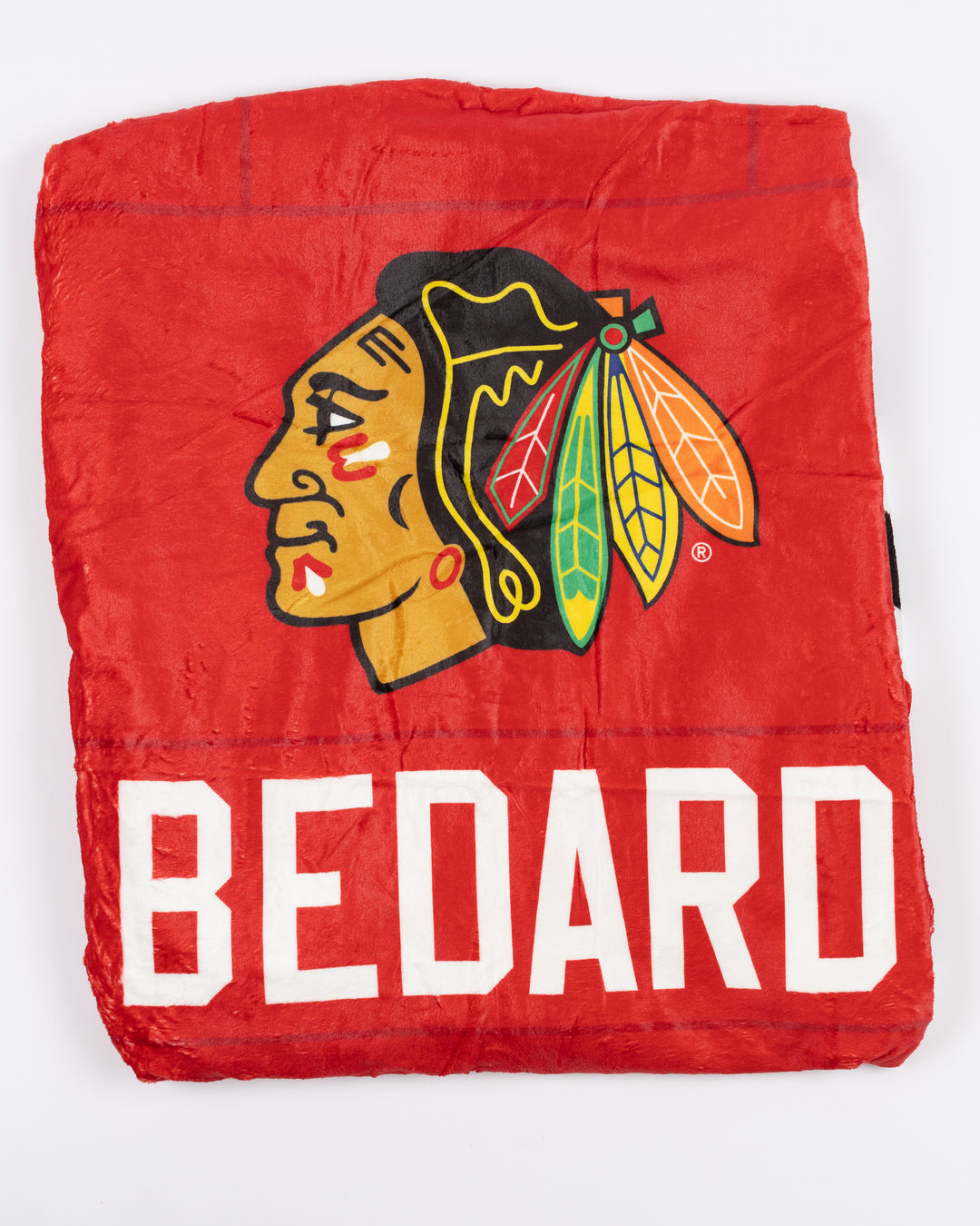 Uncanny brand Chicago Blackhawks red blanket with Bedard name and number - folded lay flat