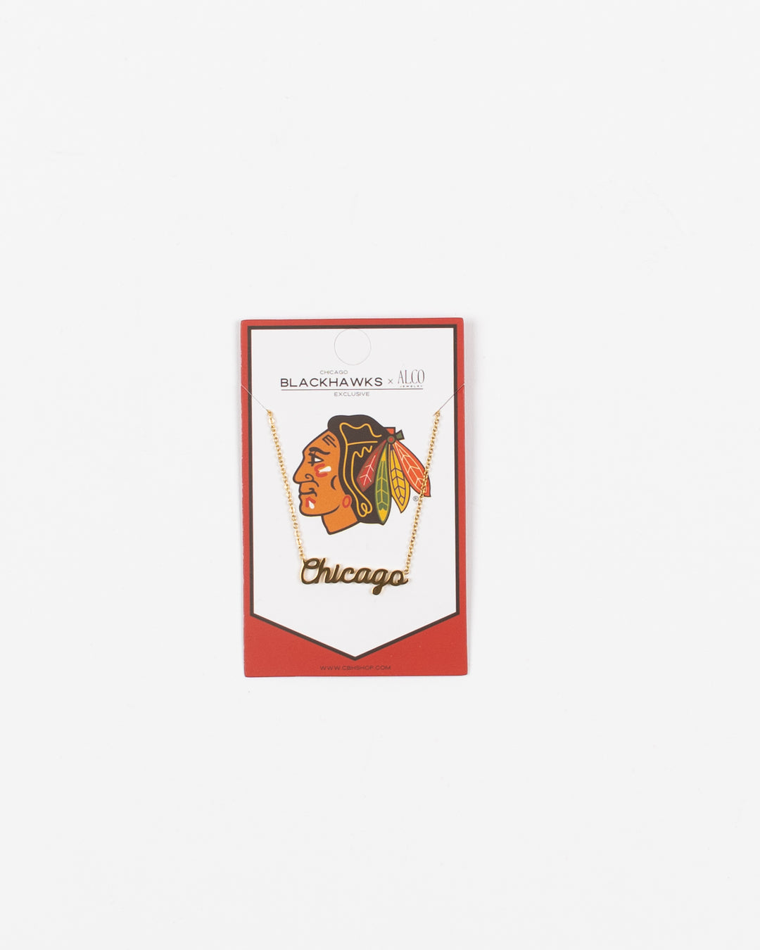 gold Alco necklace with Chicago Blackhawks packaging and Chicago script pendant