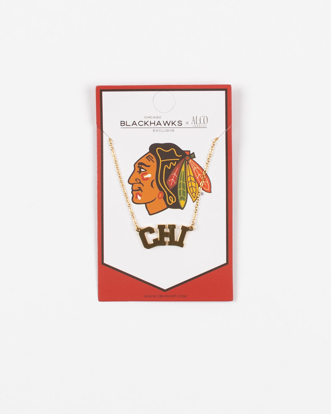 Alco 18k gold-plated necklace with Chicago Blackhawks packaging and CHI pendant